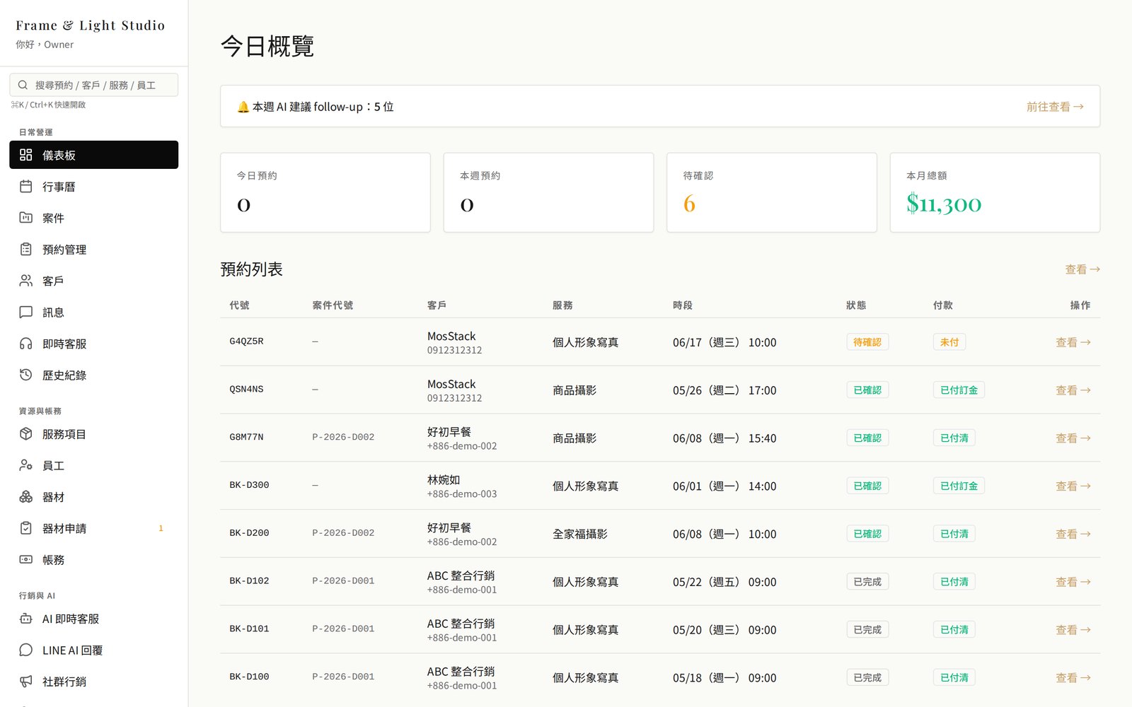 Frame & Light Studio — 後台儀表板
